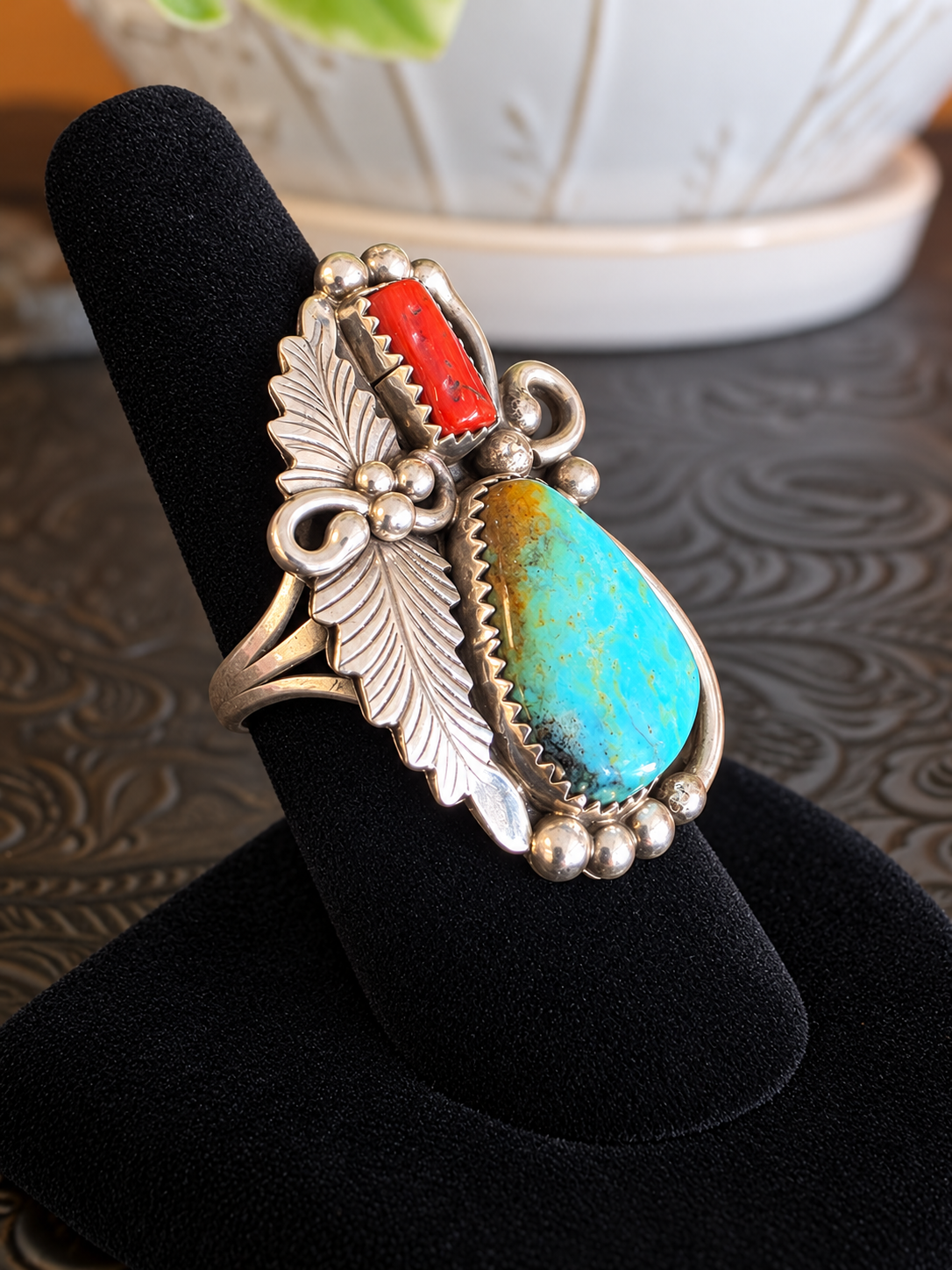 Traditional Navajo Turquoise Mountain Coral Ring