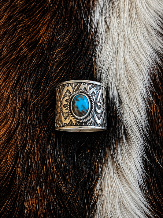 Bo Reeves Stamped Sterling Persian Turquoise Cigar Band