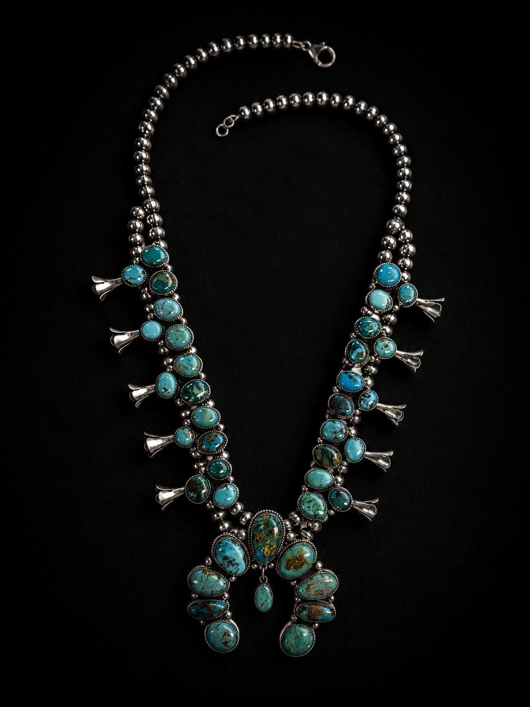 Carico Lake Turquoise Cluster Squash Blossom Necklace