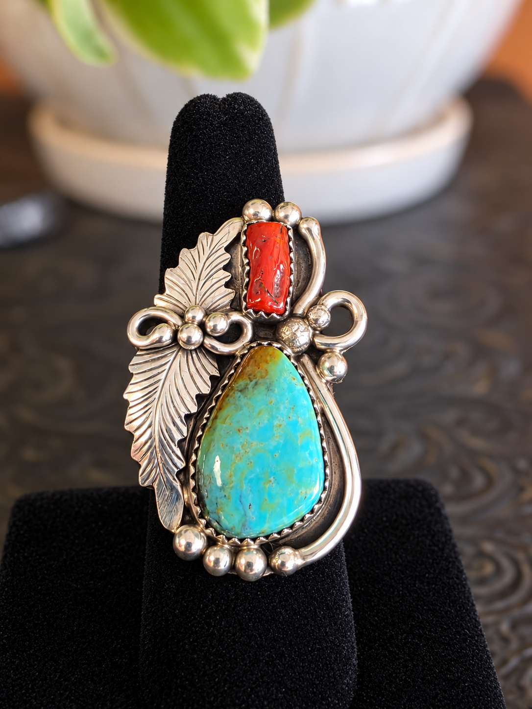 Traditional Navajo Turquoise Mountain Coral Ring