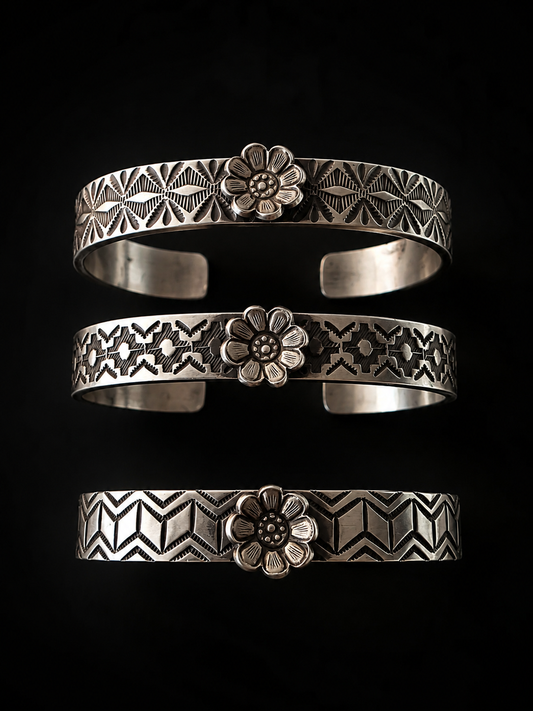 Calvin Martinez Heavy Gauge Stamped Sterling Silver Flower Cuff