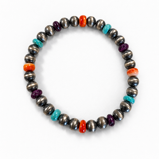 6mm Sterling Silver Multi Stone Bead Stretch Bracelet