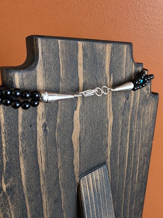 Triple Strand Black Onyx, Picture Jasper, and Turquoise Beaded Necklace