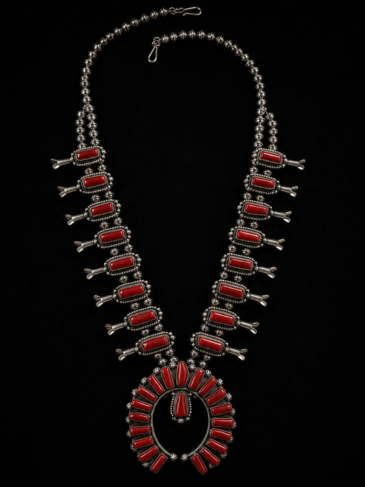 High Grade Mediterranean Coral Squash Blossom Necklace