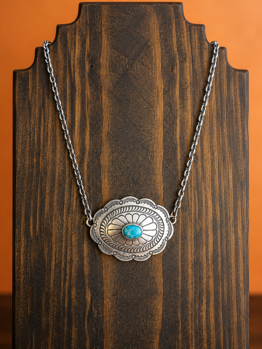 Stamped Sterling Turquoise Concho Necklace