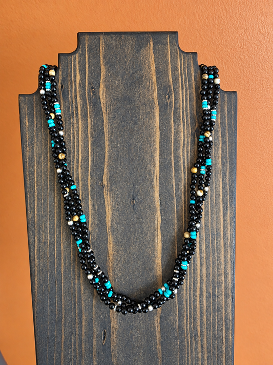 Triple Strand Black Onyx, Picture Jasper, and Turquoise Beaded Necklace
