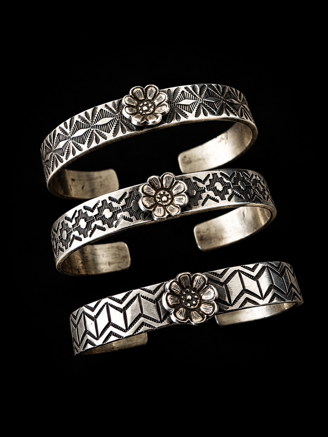 Calvin Martinez Heavy Gauge Stamped Sterling Silver Flower Cuff