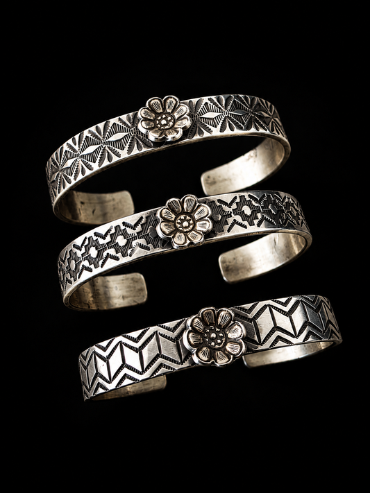 Calvin Martinez Heavy Gauge Stamped Sterling Silver Flower Cuff
