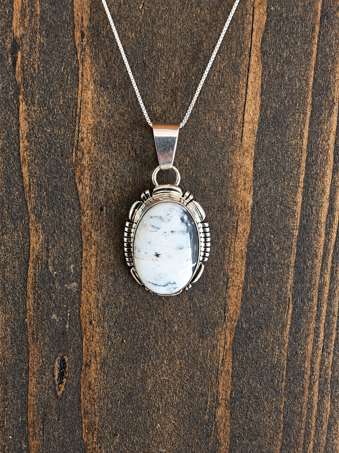 Oval White Buffalo Sterling Bezel Pendant Necklace