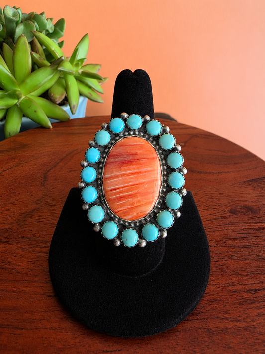 Kingman Turquoise & Spiny Oyster Cluster Statement Ring