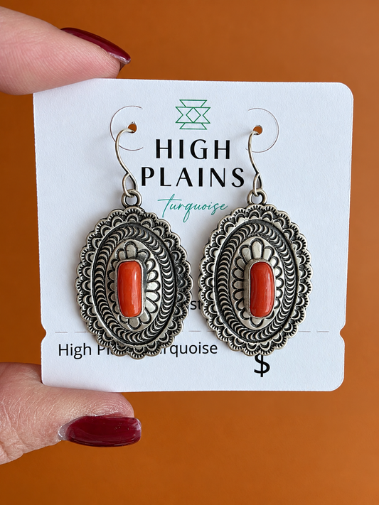 Stamped Sterling Coral Concho Earrings