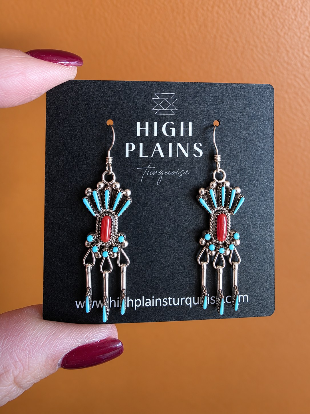 Zuni Sunburst Turquoise Coral Earrings