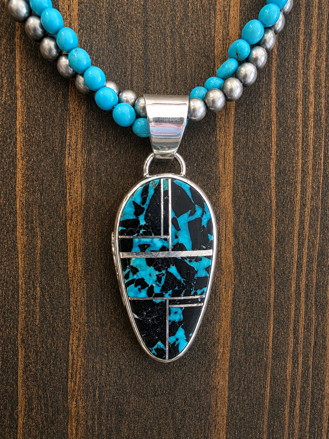 Blue Moon Turquoise Elongated Shield Inlay Pendant