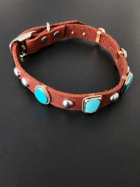 Navajo Bonnie Willie 5-Stone Kingman Turquoise & Leather Dog Collar