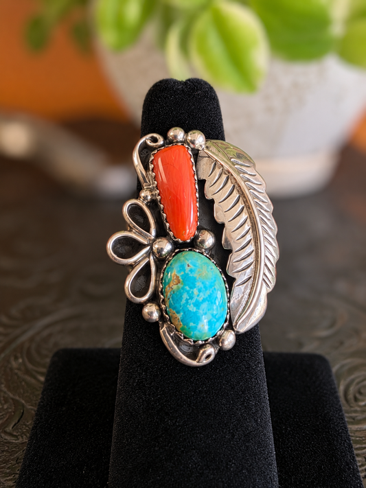 Traditional Navajo Turquoise Mountain Coral Ring