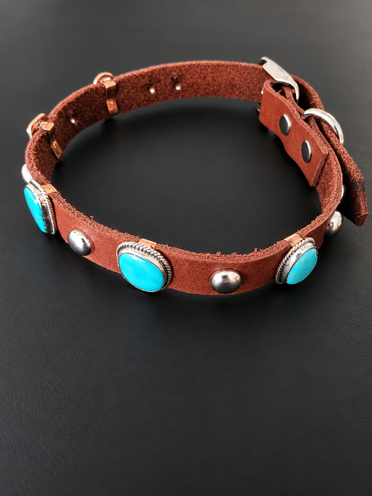 Navajo Bonnie Willie 5-Stone Kingman Turquoise & Leather Dog Collar