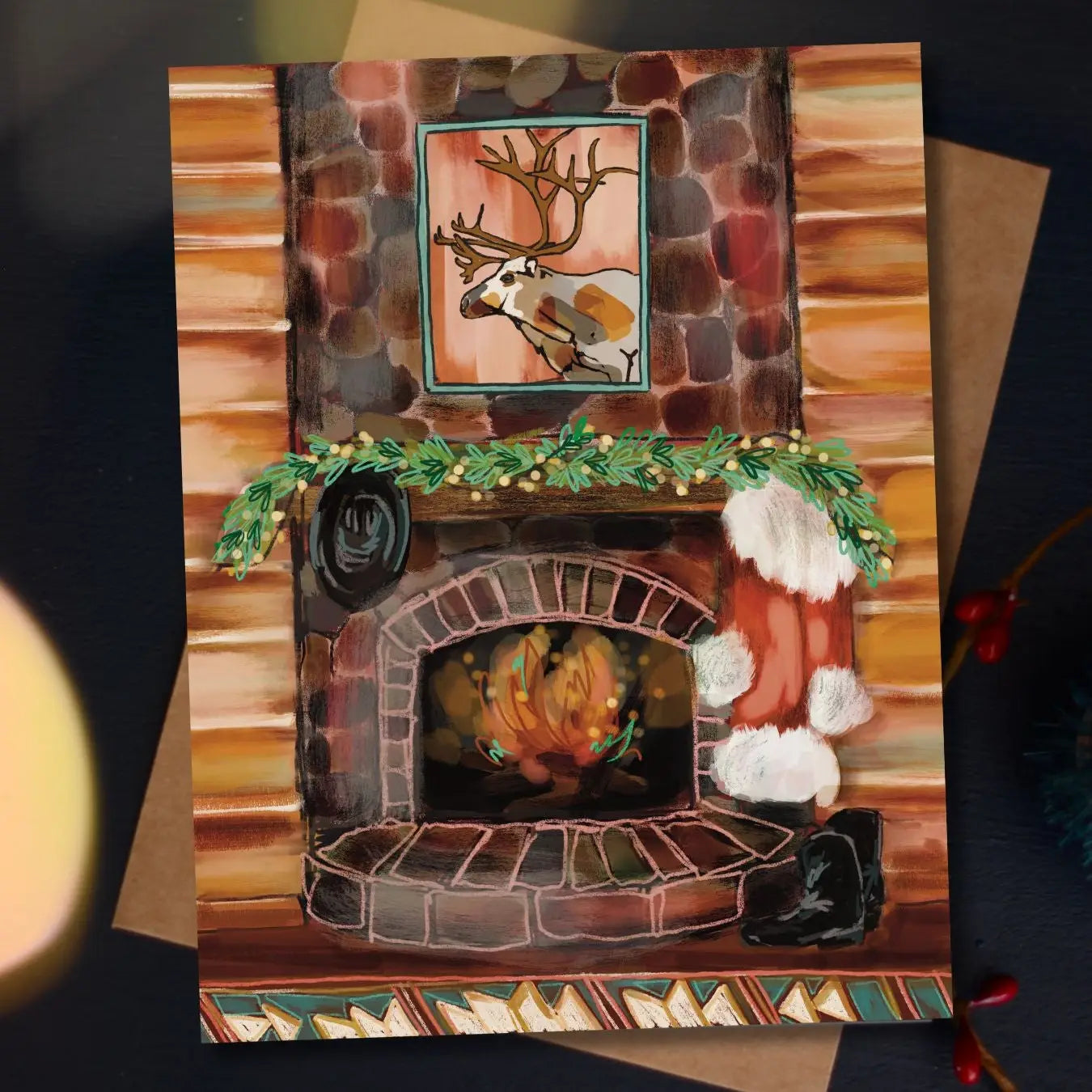 Santa's Cabin Cozy Fireplace Western Holiday Christmas Card