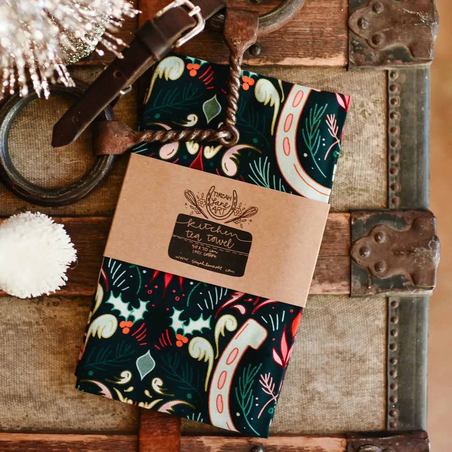 Holly Horseshoe Christmas Tea Towel