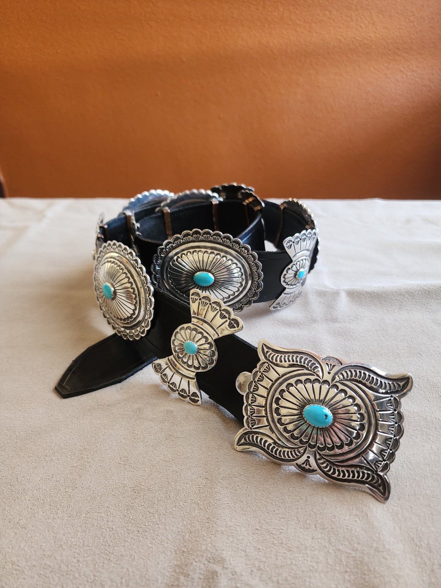 Kingman Turquoise and Sterling Silver conchos on black leather belt