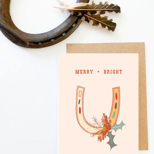 "Merry and Bright" Holiday Western Horseshoe Greeting Card