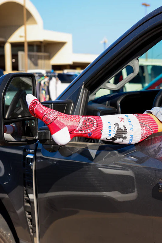 Don't Ride in Fear Red Paisley Western Cowgirl Performance Socks