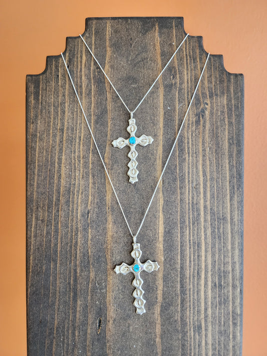Navajo Stamped Sterling Silver Kingman Cross Pendant Necklace