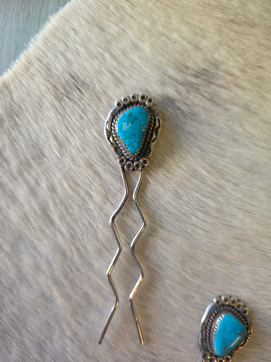 Vintage Sterling Silver Turquoise Hair Pin