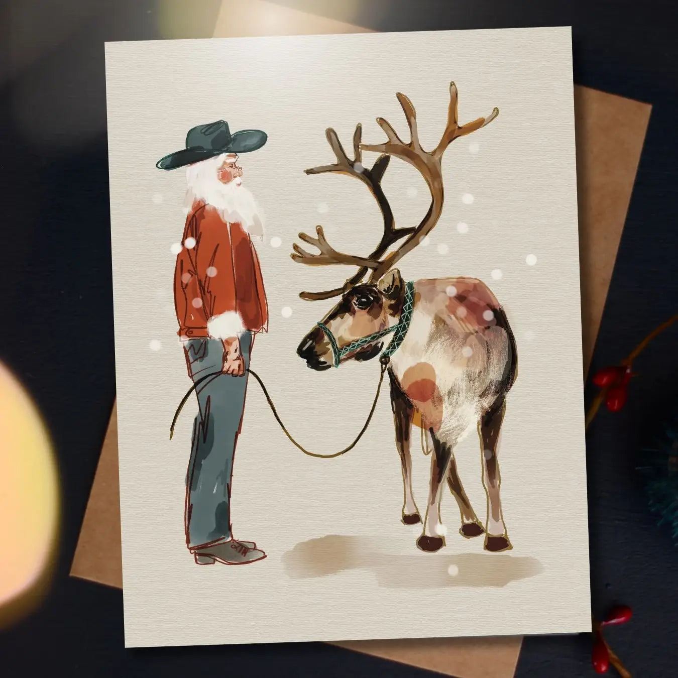 Santa And His Reindeer Western Holiday Christmas Card