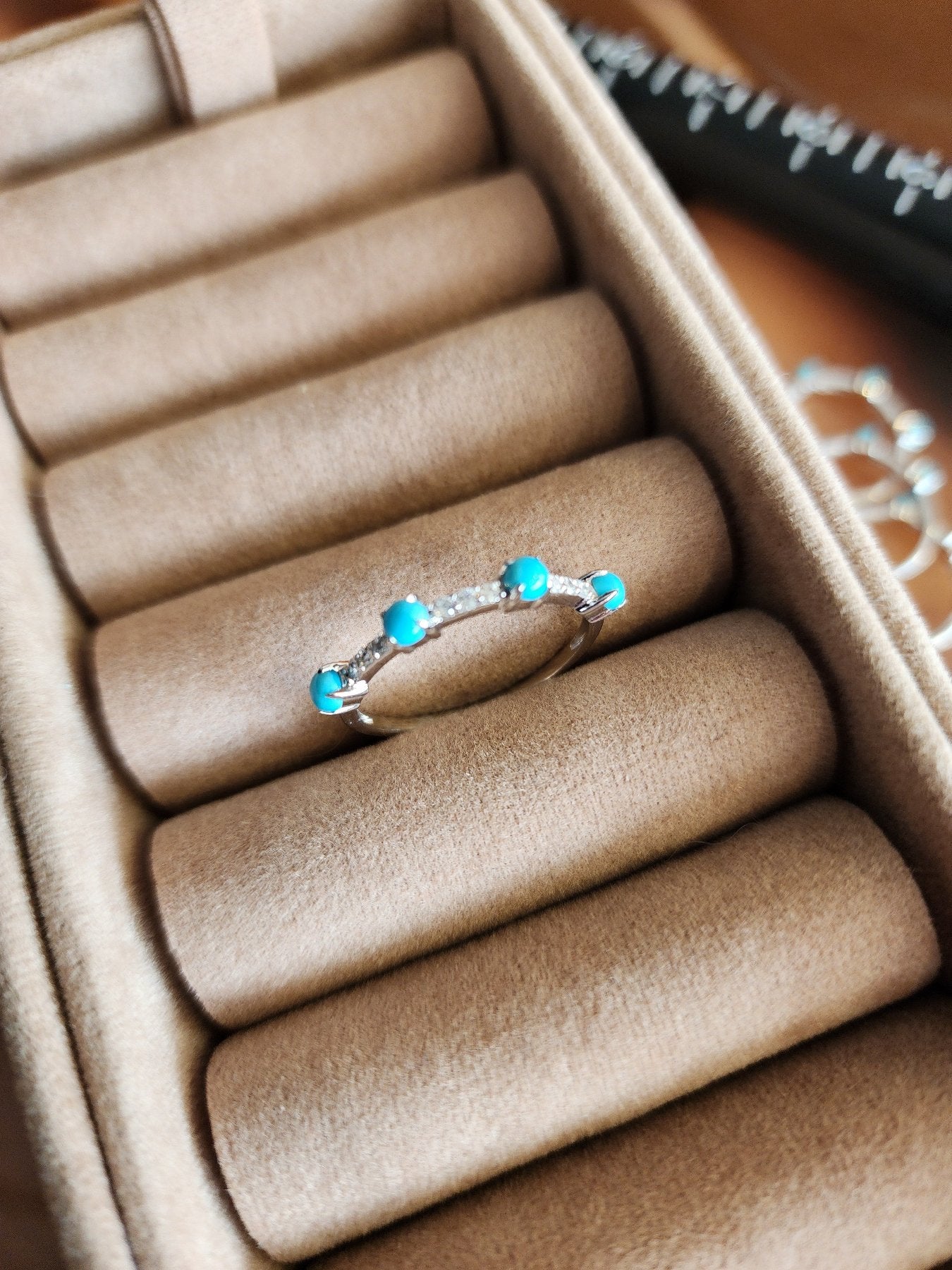 Single white gold and genuine turquoise wedding band ring